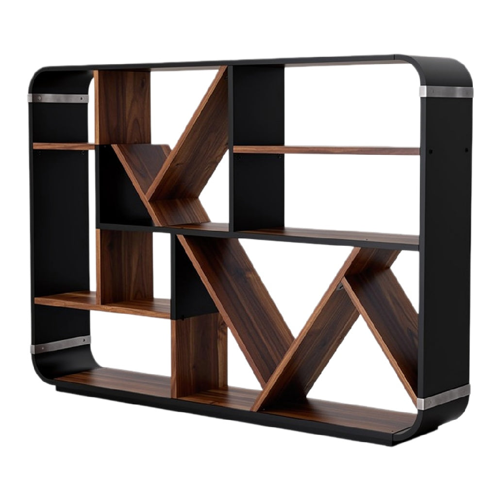 Moderne boekenplank met geometrisch ontwerp en houten accenten