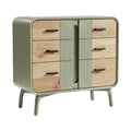 Moderne ladekast met houtkleurige en groene afwerking